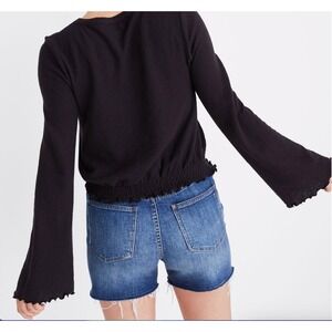 Madewell Texture & Thread Black Smocked Long Bell Sleeve Cropped Sweater Women M